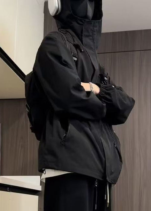 Cotton Black Oversized Zippered Simple Hooded Coat Spring