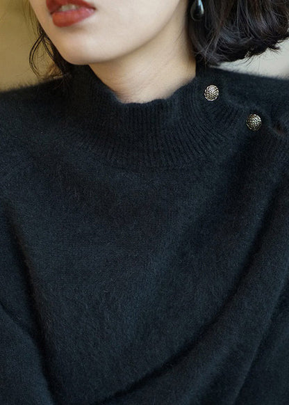 Simple Black O-neck Button Knit Sweaters Long Sleeve Tu052