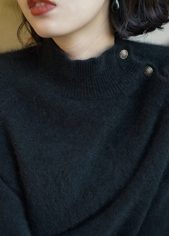 Simple Black O-neck Button Knit Sweaters Long Sleeve Tu052
