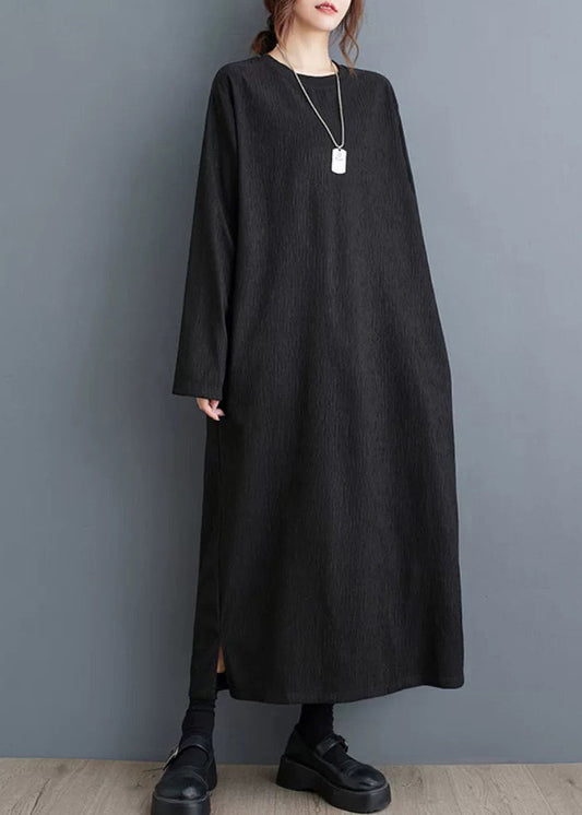 Simple Black O Neck Cotton Long Dress Fall Oo033