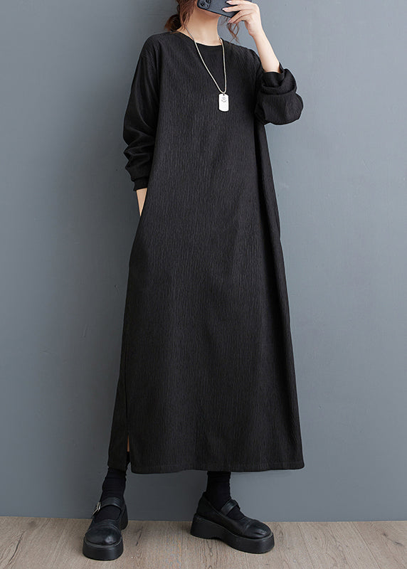 Simple Black O Neck Cotton Long Dress Fall Oo033