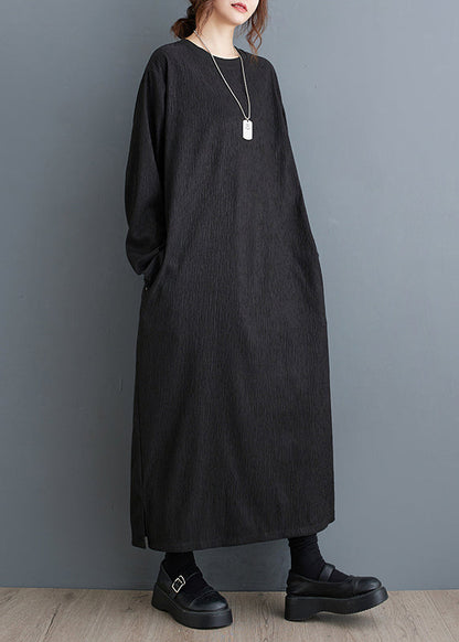 Simple Black O Neck Cotton Long Dress Fall Oo033