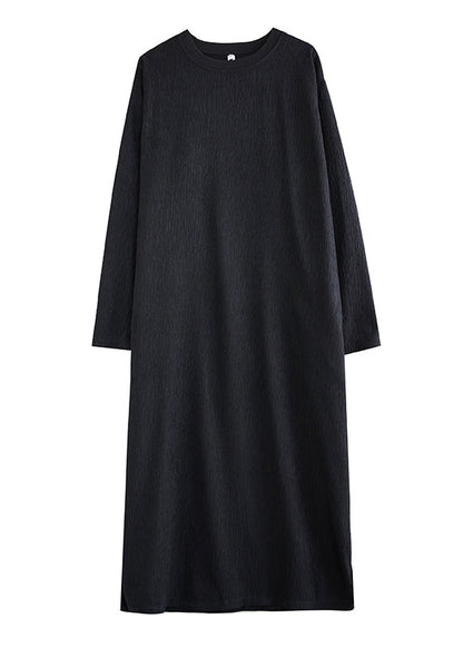 Simple Black O Neck Cotton Long Dress Fall Oo033