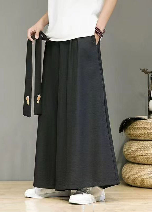Simple Black Pockets Elastic Waist Cotton Wide Leg Pants Summer Sa034