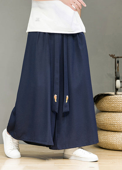 Simple Black Pockets Elastic Waist Cotton Wide Leg Pants Summer Sa034