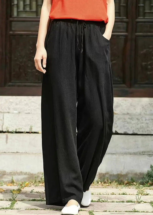 Simple Black Pockets Elastic Waist Linen Pants Summer Cg1021
