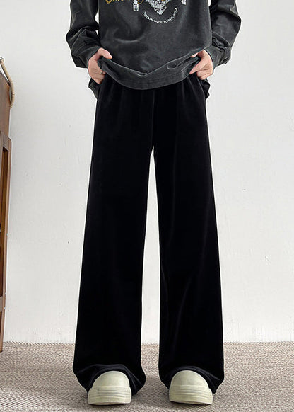 Simple Black Pockets Warm Fleece Velour Pants Spring Rm049