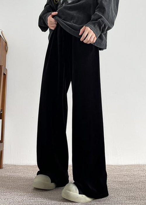 Simple Black Pockets Warm Fleece Velour Pants Spring Rm049