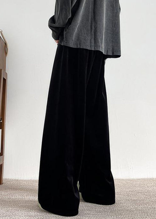 Simple Black Pockets Warm Fleece Velour Pants Spring Rm049