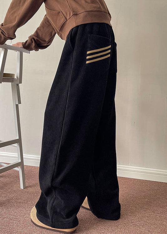Simple Black Pockets Thick Corduroy Wide Leg Pants Spring Rm056