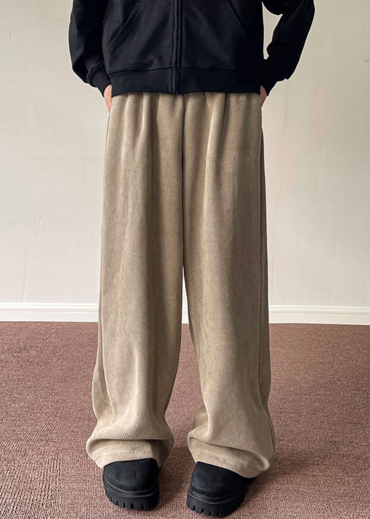 Simple Black Pockets Thick Corduroy Wide Leg Pants Spring Rm056