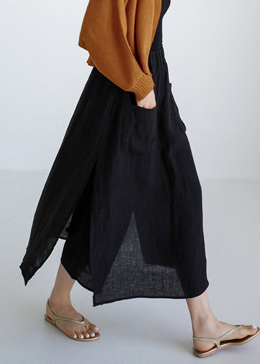Simple Black Side Open Linen Pants Skirt Summer Tz029