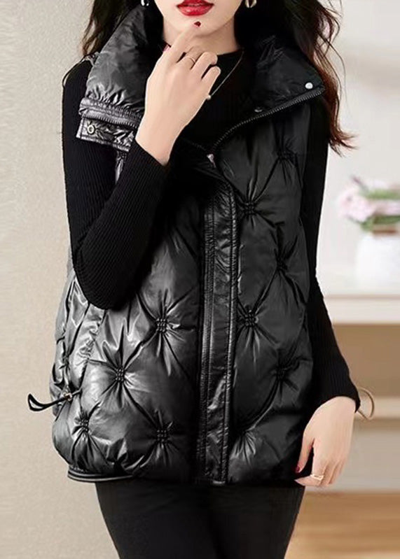 Simple Black Stand Collar Pockets Fine Cotton Filled Waistcoat Winter Rk015