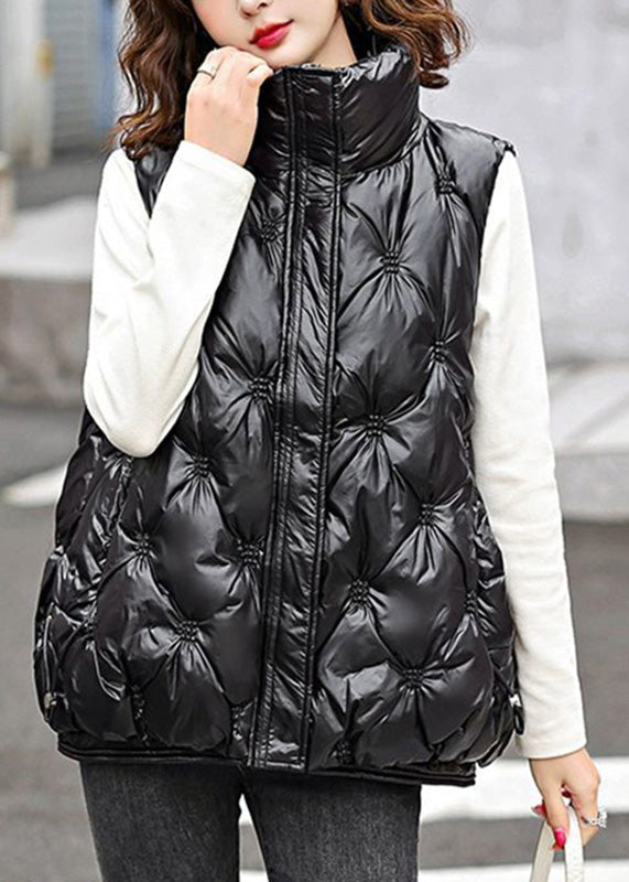Simple Black Stand Collar Pockets Fine Cotton Filled Waistcoat Winter Rk015