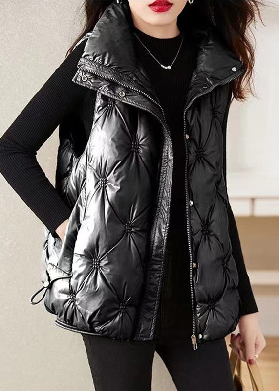 Simple Black Stand Collar Pockets Fine Cotton Filled Waistcoat Winter Rk015