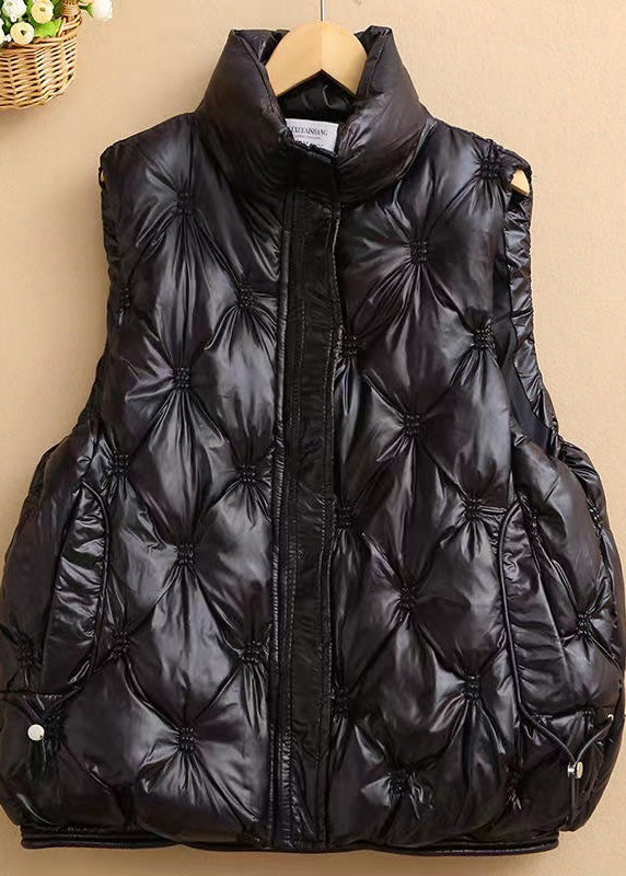 Simple Black Stand Collar Pockets Fine Cotton Filled Waistcoat Winter Rk015