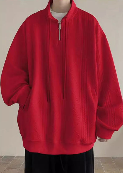 Pockets Spring Black Zip Up Simple Sweatshirt Cotton