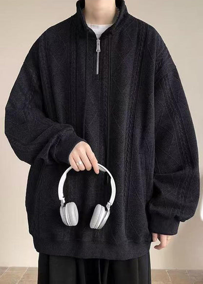 Pockets Spring Black Zip Up Simple Sweatshirt Cotton