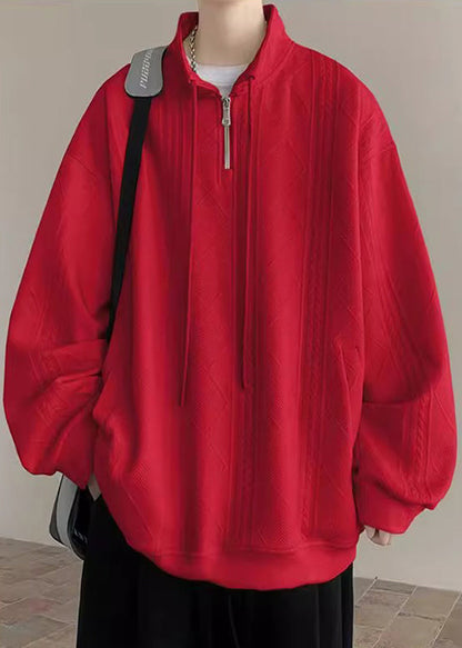 Pockets Spring Black Zip Up Simple Sweatshirt Cotton