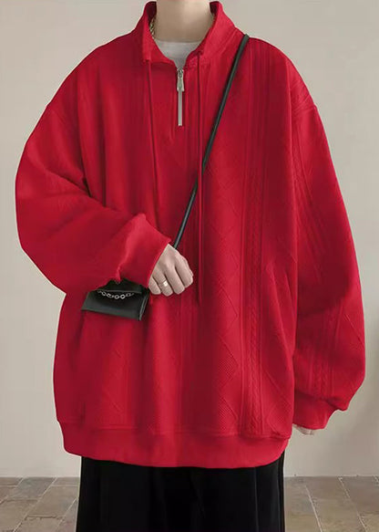 Pockets Spring Black Zip Up Simple Sweatshirt Cotton