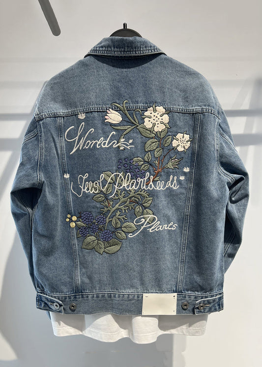 Simple Blue Embroideried Button Denim Coat Fall Wa017