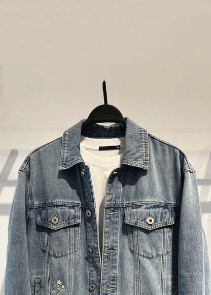 Simple Blue Embroideried Button Denim Coat Fall Wa017