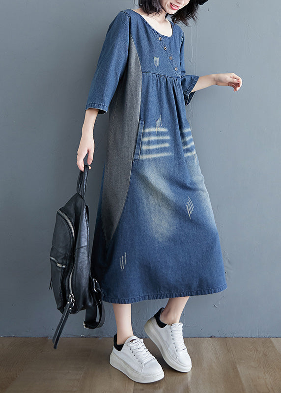 Simple Blue O-neck Patchwork Wrinkled Denim Long Dress Spring Ac2084