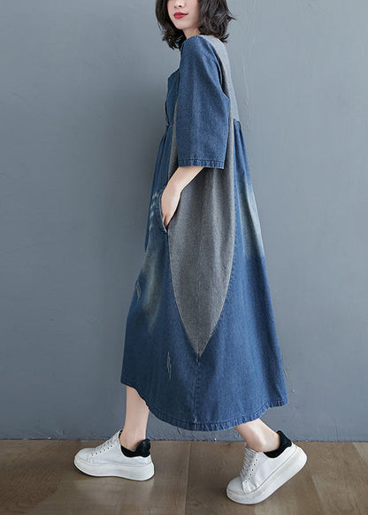 Simple Blue O-neck Patchwork Wrinkled Denim Long Dress Spring Ac2084