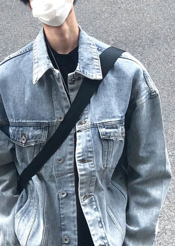 Tc043 Collar Spring Simple Peter Coats Button Denim Pan Blue