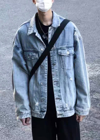 Tc043 Collar Spring Simple Peter Coats Button Denim Pan Blue