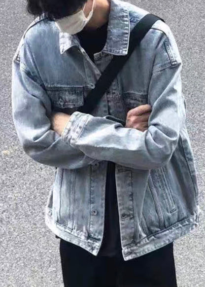 Tc043 Collar Spring Simple Peter Coats Button Denim Pan Blue