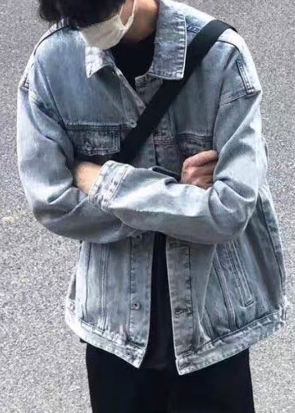 Tc043 Collar Spring Simple Peter Coats Button Denim Pan Blue