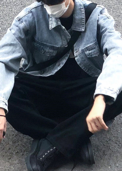 Tc043 Collar Spring Simple Peter Coats Button Denim Pan Blue