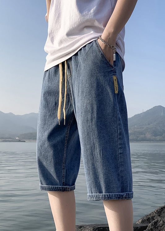 Simple Blue Pockets Elastic Waist Denim Crop Pants Summer Yl030