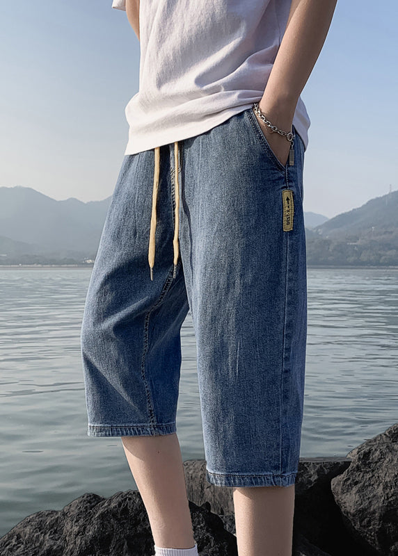 Simple Blue Pockets Elastic Waist Denim Crop Pants Summer Yl030