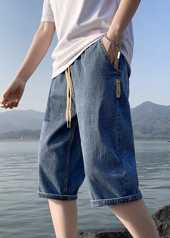 Simple Blue Pockets Elastic Waist Denim Crop Pants Summer Yl030