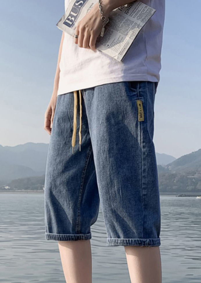 Simple Blue Pockets Elastic Waist Denim Crop Pants Summer Yl030