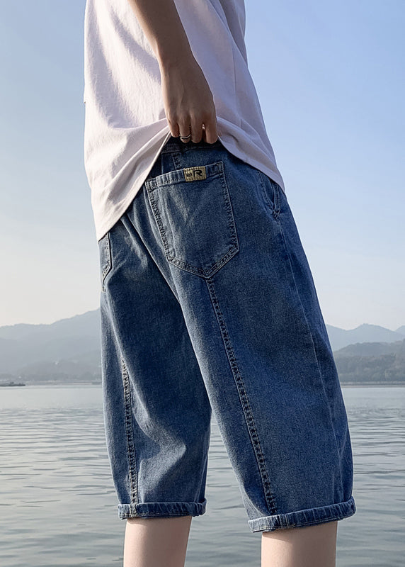 Simple Blue Pockets Elastic Waist Denim Crop Pants Summer Yl030