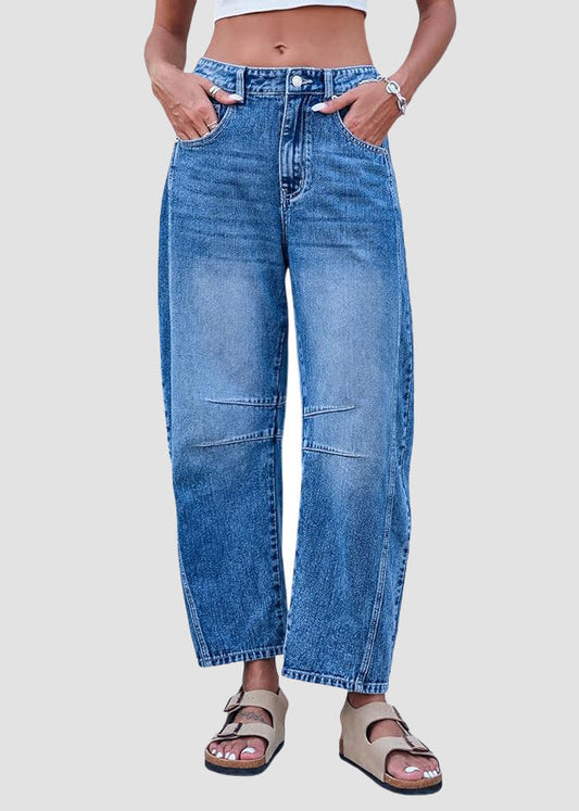 Waist Denim Summer Simple High Pants Blue Crop Pockets