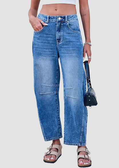 Waist Denim Summer Simple High Pants Blue Crop Pockets
