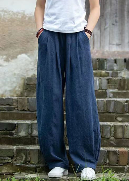 Simple Blue Pockets Linen Pants Summer Qe022