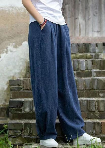 Simple Blue Pockets Linen Pants Summer Qe022