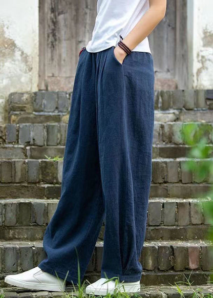 Simple Blue Pockets Linen Pants Summer Qe022