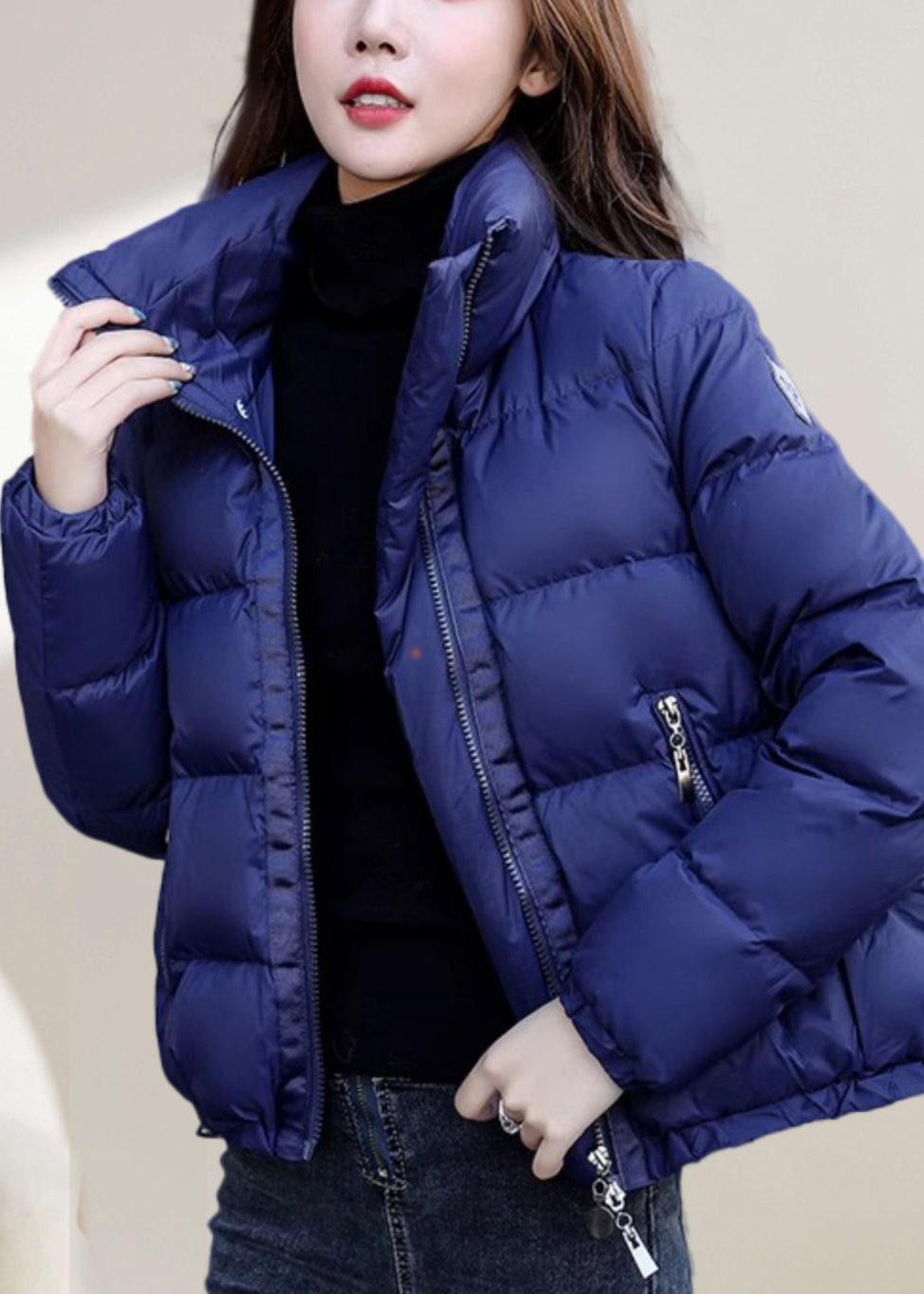 Simple Blue Stand Collar Zip Up Down Coat Winter Er019
