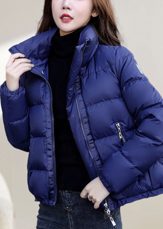 Simple Blue Stand Collar Zip Up Down Coat Winter Er019