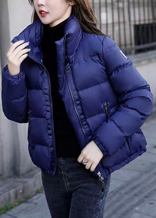Simple Blue Stand Collar Zip Up Down Coat Winter Er019