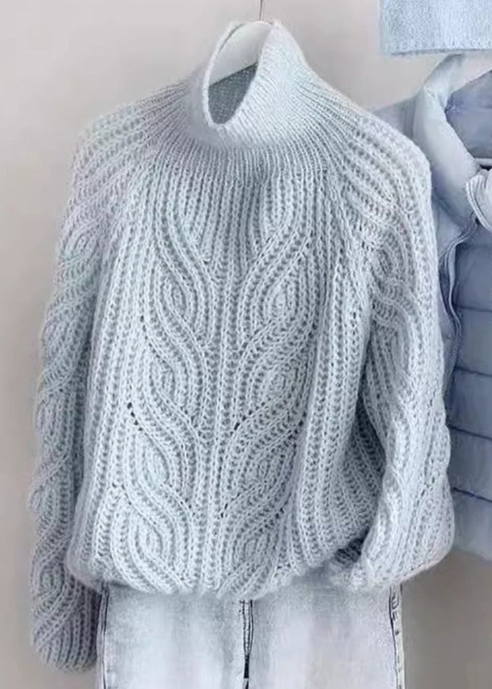 Simple Blue Turtleneck Hollow Out Knit Sweaters Spring Yw018