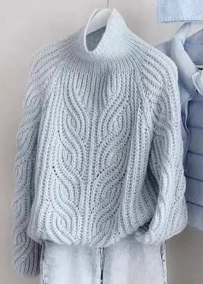 Simple Blue Turtleneck Hollow Out Knit Sweaters Spring Yw018