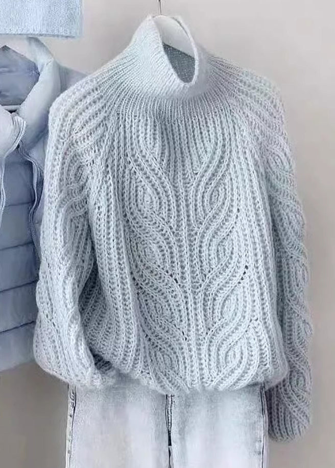 Simple Blue Turtleneck Hollow Out Knit Sweaters Spring Yw018