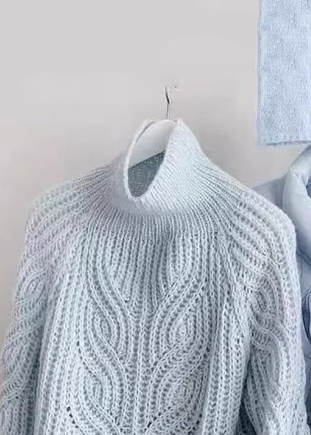 Simple Blue Turtleneck Hollow Out Knit Sweaters Spring Yw018